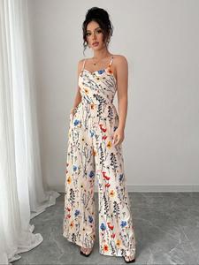 women's floral print wide leg jumpsuit, casual bohemian elegant sleeveless jumpsuit for summer, women's boho jumpsuit for beach holiday, spaghetti strap womenswear
