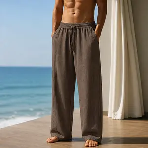 Men’s linen blend loose straight casual pants, breathable drapey fabric, drawstring elastic waistband, suitable for everyday summer wear, beach vacations, and light business outfits.