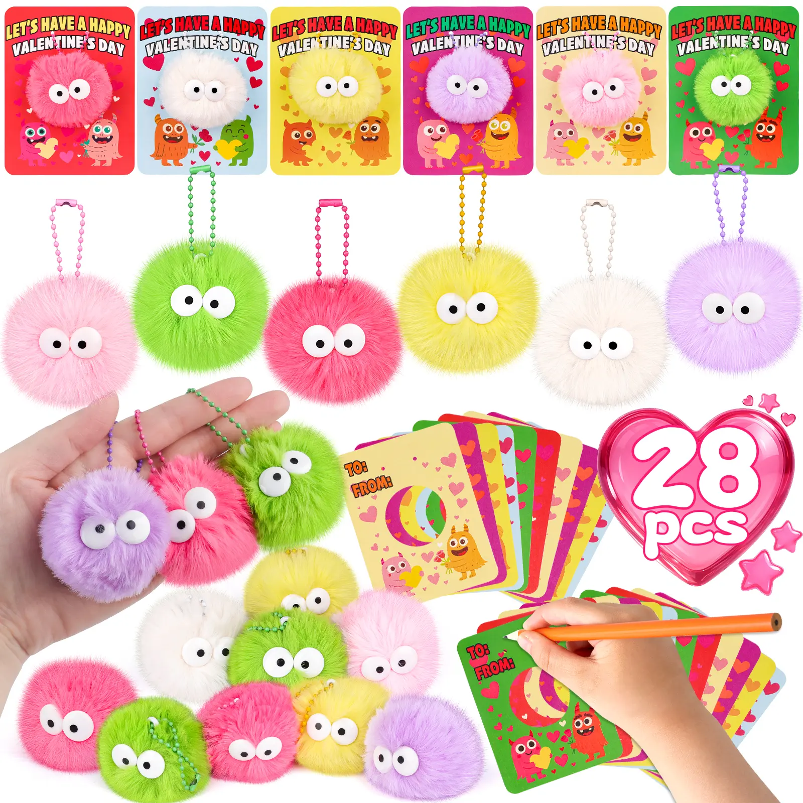 32/28/28 Pack Gifts for Kids Pop Toys / Fluffy Keyrings / Squishy Toys Classroom Exchange Party Favors, Non-Candy Valentines Prizes for Class