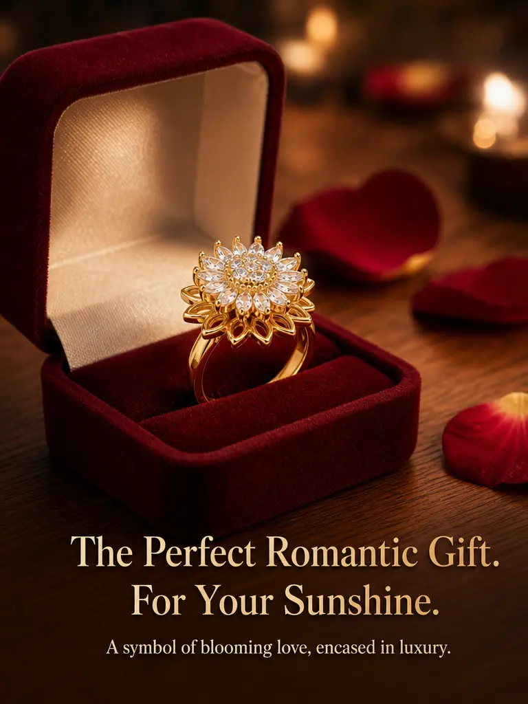 Women's Adjustable Cubic Zirconia Crystal Sunflower Ring, Valentine's Day Meaningful Gift Jewelry, Cubic Zirconia Ring, Adjustable Sunflower Ring