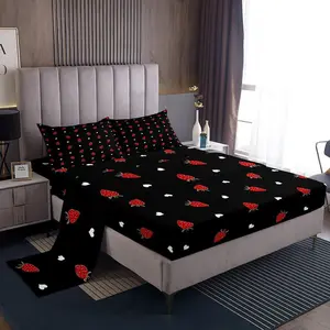 Red Strawberry Bedding Setsoft Kawaii Bed Sheets For Kids Girls Boys Bedroom Decor,Cute Fruits Sheet Set,Lightweight Fitted Sheet With Deep Pocket,Black