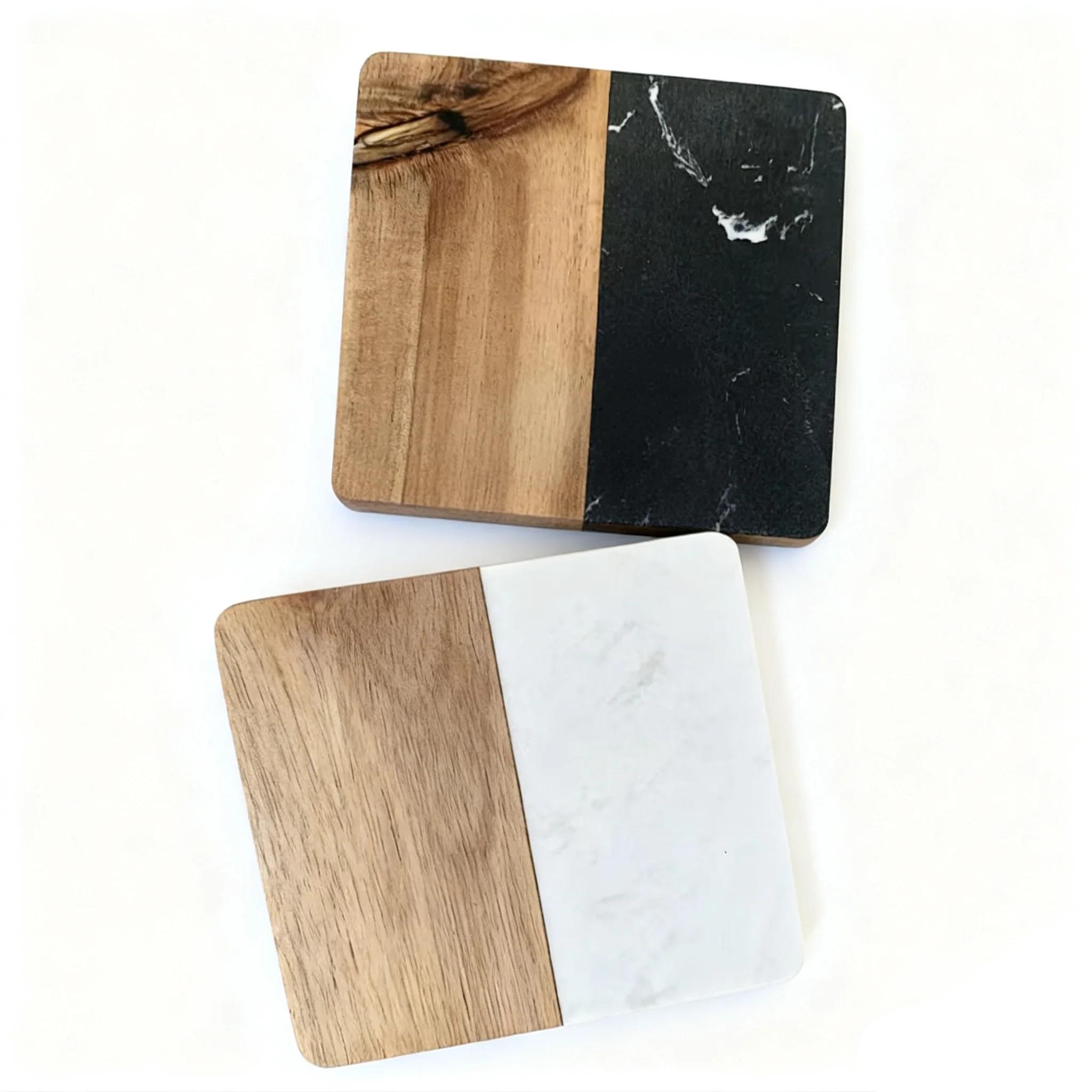20 Pcs Natural Acacia Wooden White Marble Square Coasters Set US Warehouse Stocked Coaster White Marble Wood Square Coasters