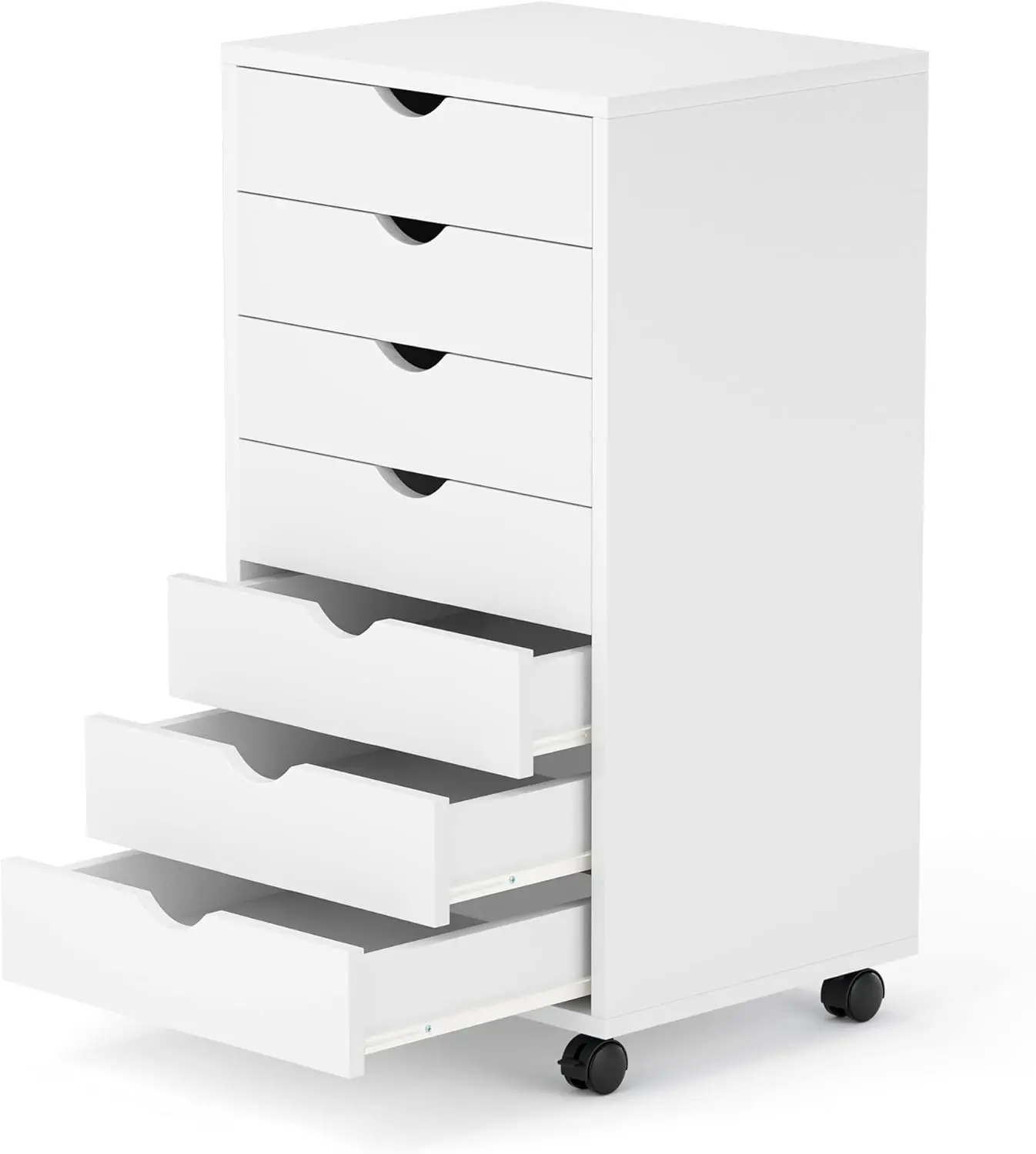 Aesthetic White 7-Drawer Mobile Modern MDF Board Dresser - Durable Compact Interior Storage Furniture, Rolling Cabinet for Bedroom & Office, Dresser Organization, Top Decor Display, Assembly Required