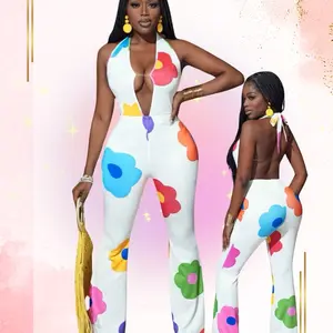 Backless Low-Cut Sleevless Jumpsuit Unitard For Women, With Colorful Floral Print And Halter, Perfect For Holiday, Casual, Sexy And Elegant Style - Design A
