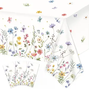 3 Pack Spring Floral Tablecloth, Wildflower Butterfly Plastic Table Cover for Easter, Birthday, Wedding, Tea, Wildflower Party Decorations, 54 x 108 Inch