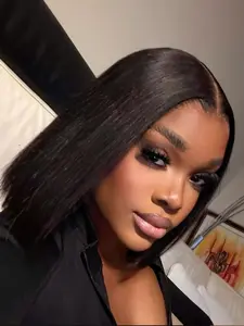 Black Glossy Bob Wig Human Hair 5x5 Short Straight Lace Front Glueless Wig For Black Women,Pre Plucked Pre Cut Natural Hairline, Breathable and Smooth