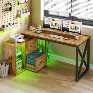 DWVO L Shaped Desk with Power Outlets & File Cabinet, 55" Reversible Corner Computer Desk with Drawers & LED Lights, L-Shaped Desk with 4 Glass Open Storage Shelves