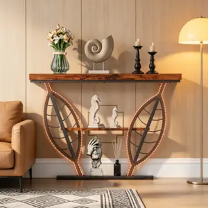 Leaf Pattern Entryway Console Table, 3-Tier Storage Structure, 30mm Thick Rustic Brown Tabletop with Industrial Metal Frame, Easy Assembly Narrow Accent Side Table, Space-Saving Design Ideal for Hallways, Entrances and Foyers