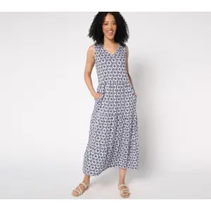 Denim & Co. Petite Printed Linen Blend V-Neck Tiered Midi Dress