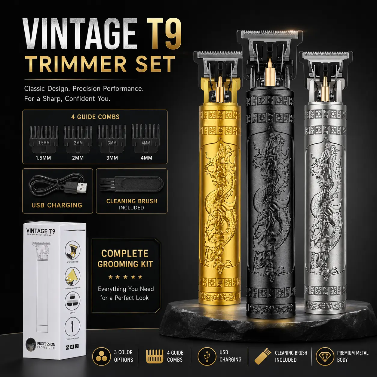 Professional Cordless Hair Trimmer for Men, Vintage Dragon T-Blade Hair Clipper, USB Rechargeable Beard Trimmer with 4 Guide Combs and Cleaning Brush, Precision Grooming Kit for Haircuts, Hairline, Sideburns, Edging and Beard Shaping