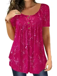 Elegant Floral Print Summer Blouses for Women, Knitted Fitted Short Sleeve, Round Neck Design, Classic Style with Moderate Fabric Thickness, Perfect for Casual Wear