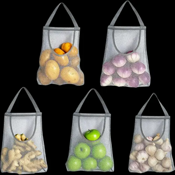 5 Pack Hanging Mesh Storage Bags For Potatoes,Onions,Garlics,Vegetables Long and Large Reusable Net Storage Tote Bags for Fruit Veggies Green Pepper or Garbage Bag (Gray)