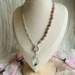 Silver Leaf Necklace Handcrafted with Sunstone & Silver Plated Accents Blush Toned Natural Stones Leaf Pendant Lightweight Comfortable One of a Kind Handmade