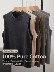 Men’s casual athletic tank top, retro heavyweight washed cotton shirt with distressed texture, crew neck sleeveless T-shirt, suitable for the gym and casual wear