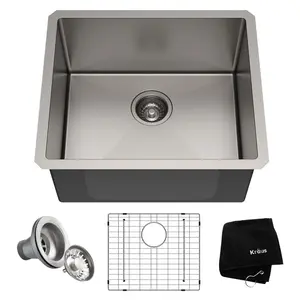212 MAIN Kraus KHU101-21 21 in. 16 Gauge Standard Pro Undermount Single Bowl Stainless Steel Kitchen Sink, Complete Contemporary Home Decor Kit with Easy Drainage, Undermount Sink