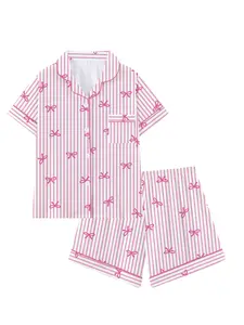 Teen Striped Bow Collar Short Sleeve Pajama Set, Comfortable Sleepwear, All Seasons, Loose-Fitting, Party Style