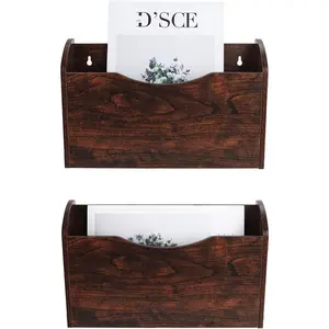 Wall Mounted Wood Hanging File Organizer Wall File Holder for Office, 2 Pockets, Brown