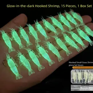 16-Piece Glow-In-The-Dark Shrimp Lure Set, Realistic Soft Plastic Baits with Hooks, Ideal for Night Fishing, Saltwater & Freshwater