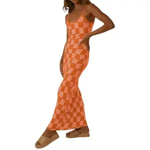 Women Checkerboard Knit Maxi Cami Sleeveless Spaghetti Strap Low-Cut Backless Long Dress Streetwear Casual Fabric