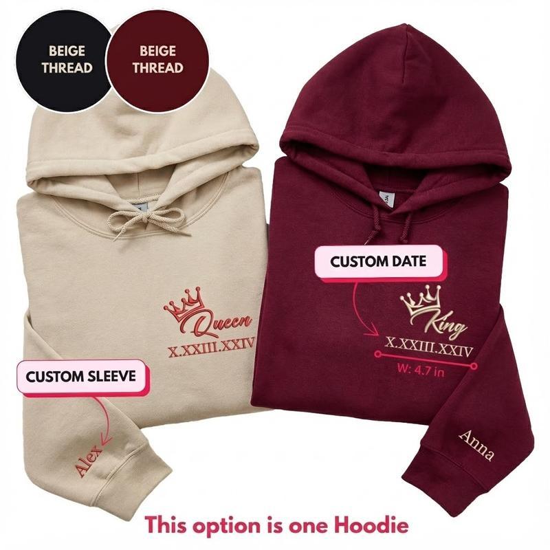 Custom King and Queen Embroidered Hoodies – Personalized Roman Numeral Matching Hoodies for Couple Gift, or Anniversary, Valentine Day