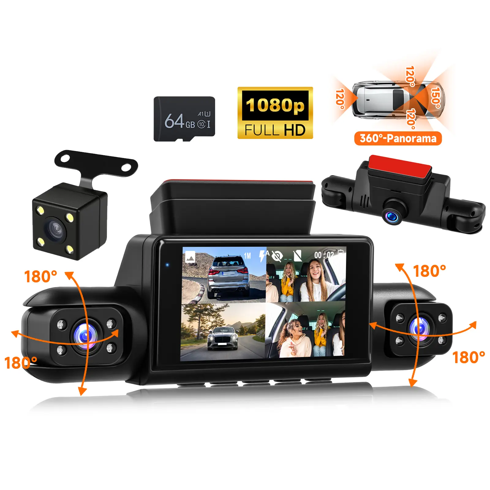 4-Channel 360° View Car Dashcam for Cars, 1-Count Automotive Accessory, Wide-Angle 1080P HD Dual-Lens Driving Recorder, 8 IR Night Vision, 3-Inch IPS Screen, Father's Day Gift
