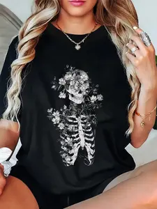 100% Cotton Floral Skeleton Flowers Goth Occult Death Dark Alt Aesthetic T-Shirt Graphic