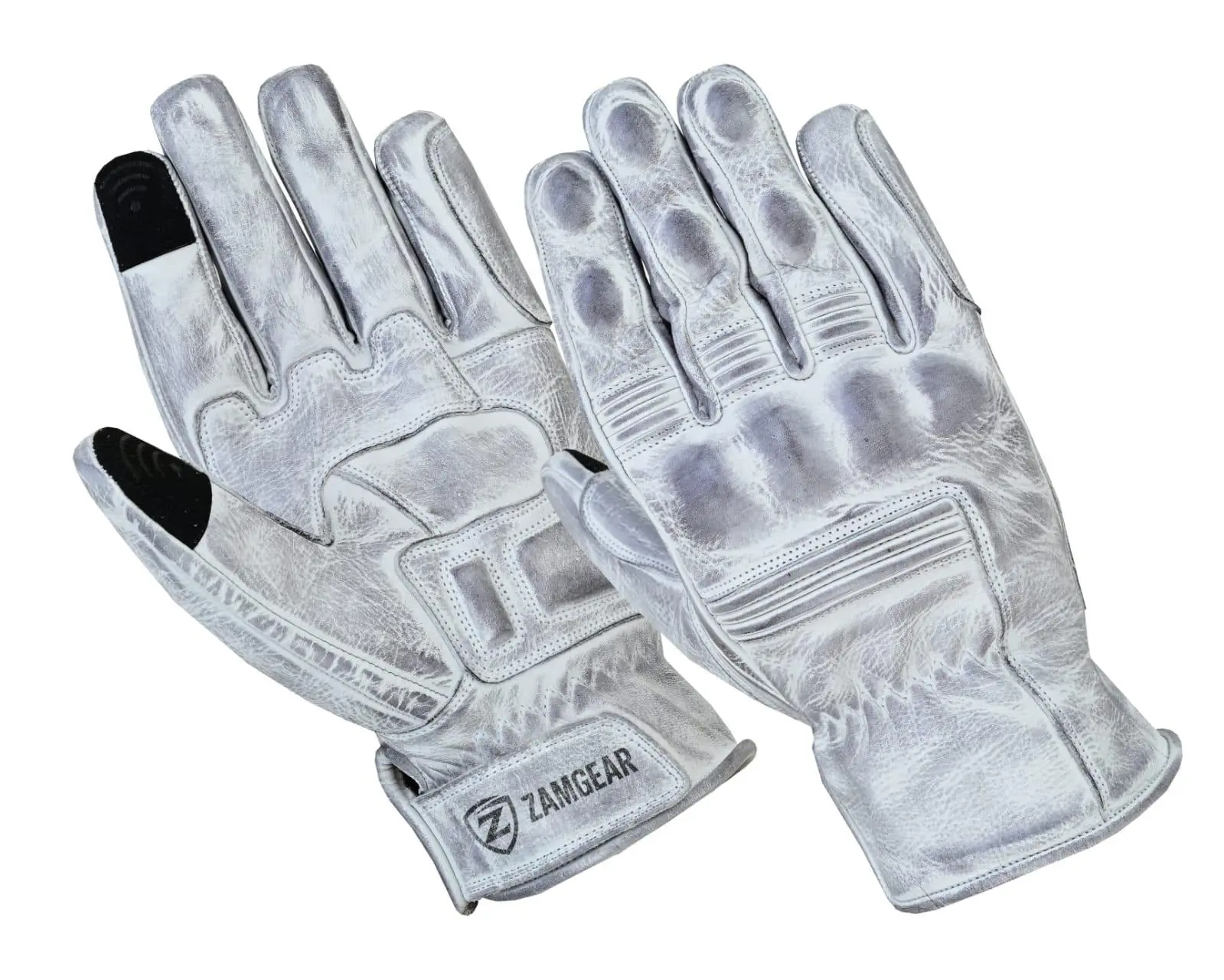 Motorcycle Leather Gloves White Knuckle Protection Touchscreen & Padded Palm ZamGear