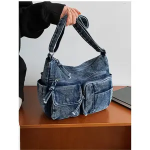 blue denim multi-pocket large capacity crossbody bag, vintage distressed workwear style shoulder bag, casual commuting tote bag, casual commuter bag, suitable for commuting, everyday accessories