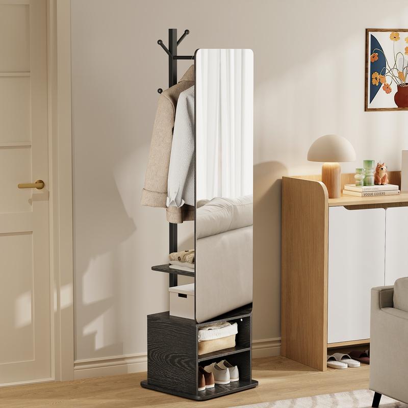 Flycity Solid wood material large mirror with a closet, full-size mirror, full-length mirror with storage rack at the bedside or in the living room (black and white styles can be rotated) Organization Furniture