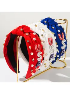 American flag headband with English letters USA headband set with diamonds and pearls Independence Day hair accessory, Goddess Headband