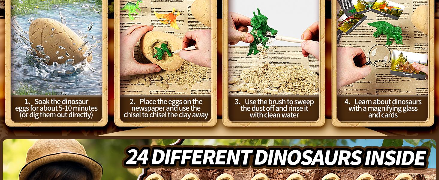 24 Dinosaur Eggs Dig Kit Toys for Kids, Dinosaur Eggs Excavation Kit with Magnifier, Easter Basket Stuffers, Science STEM Birthday Party Favors Gifts for Boys Girls Age 3 4 5 6 7 8 9 10 + Years Old