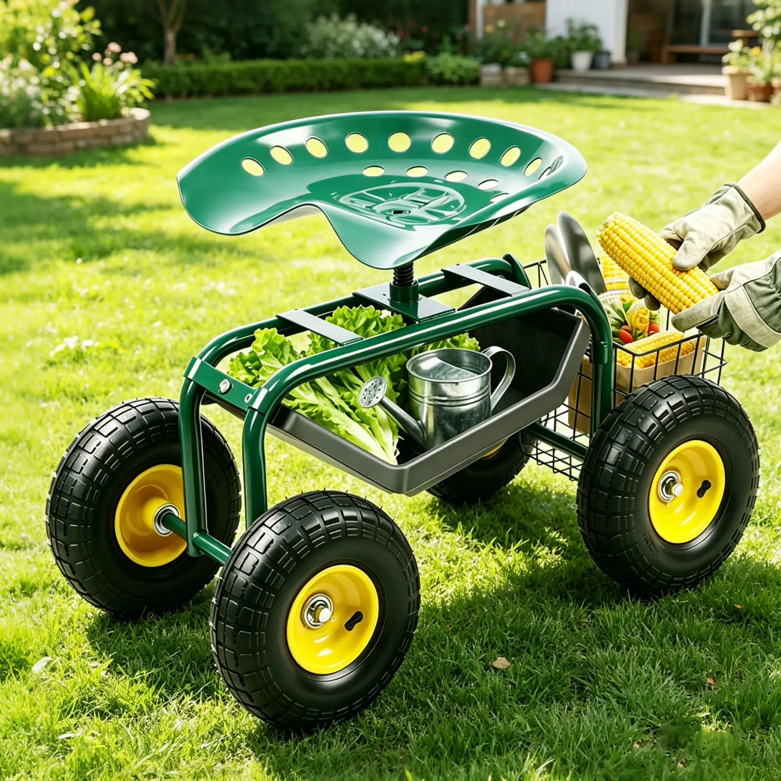 Garden Cart with Seat on Wheels Rolling Gardening Stool with Wheels Heavy Duty for Planting with 360 Degree Swivel Seat & Utility Tool Tray