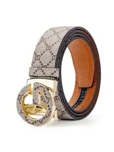 Men's Ratchet Belt with Circular B Buckle, Classic Monogram Print, Casual PVC Leather Belt for Daily Use, All Seasons Style