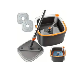 Spin Mop and Bucket Set with 2 Replaceable Microfiber Mop Pads, 360° Rotating Square Design, Self-Wrapping System for Cleaning