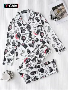 Women's Cartoon Character Printed Long Sleeve Pajama Set, Lightweight Button-Up Top & Pants, Casual Fitted Sleepwear & Loungewear for All Seasons
