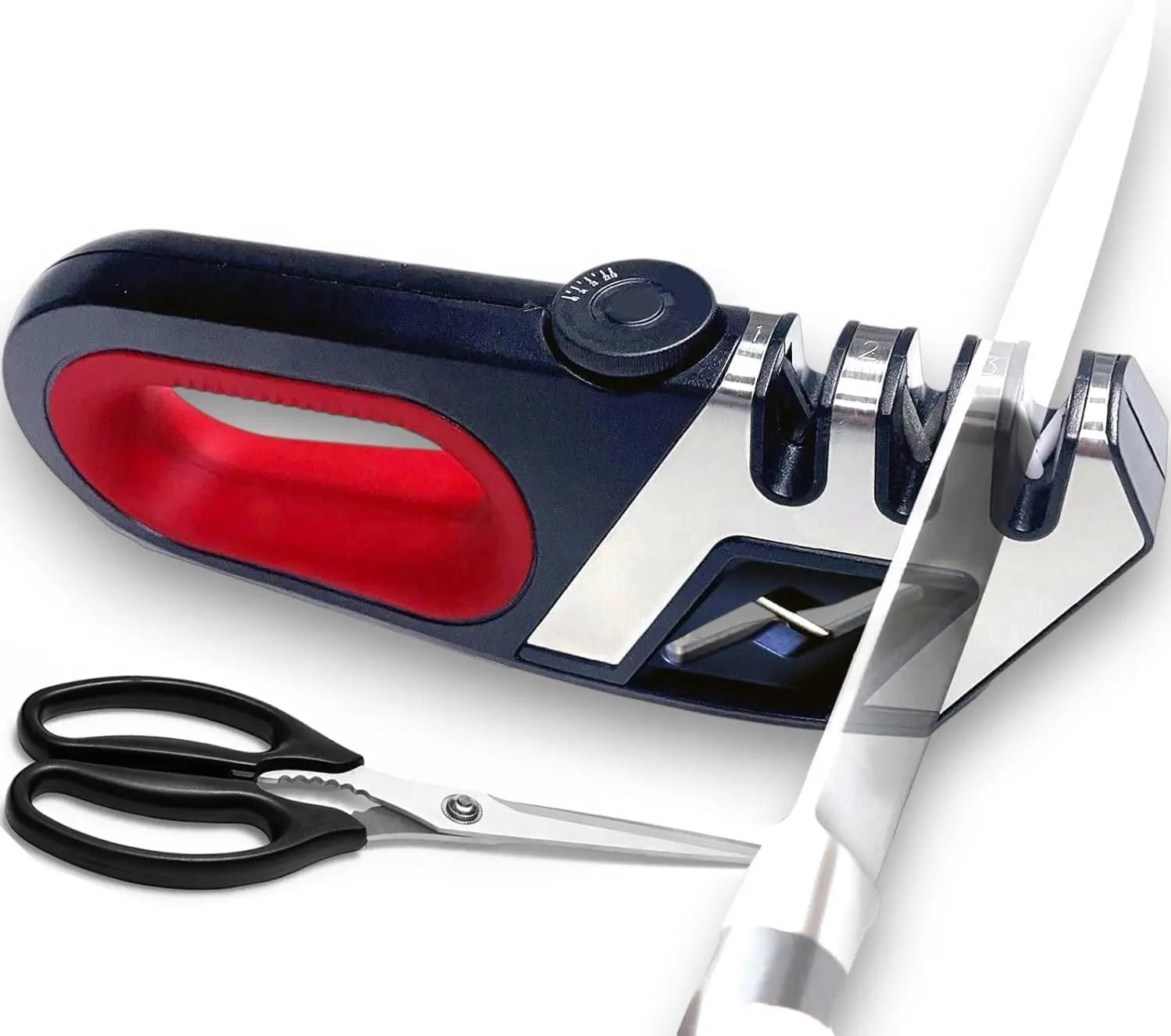 Handheld Ceramic & Stainless Steel Knife Sharpener Tool Kit - 3-Stage Sharpening System, Adjustable Dial, Durable, Universal Compatibility, Comfortable Handle, Non-Slip Base for Kitchen & Outdoor Use