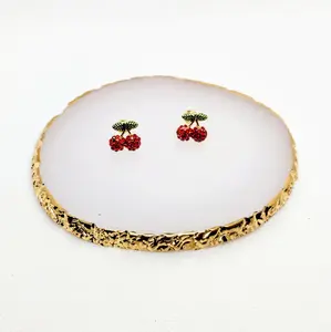 #248 Cherries with Rhinestones Stud Earrings, Casual Jewelry, Zinc Alloy, Fruit, Food, Summer, Spring