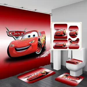 Cartoon Boys Bathroom 4 Pieces Set Shower Curtain, Toilet Lid Cover and Bath Mat, Non-Slip Rugs, Durable and Waterproof, for Bathroom Decor Set, 72" x 72"