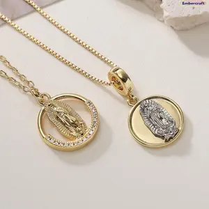 Women's Vintage Virgin Mary Pendant Necklace, 18K Gold-Plated Copper with Zircon Accents, Antique Look Religious Catholic Jewelry, Trendy Layering Chain, Faith Statement Piece, Daily Wear Gift for Her