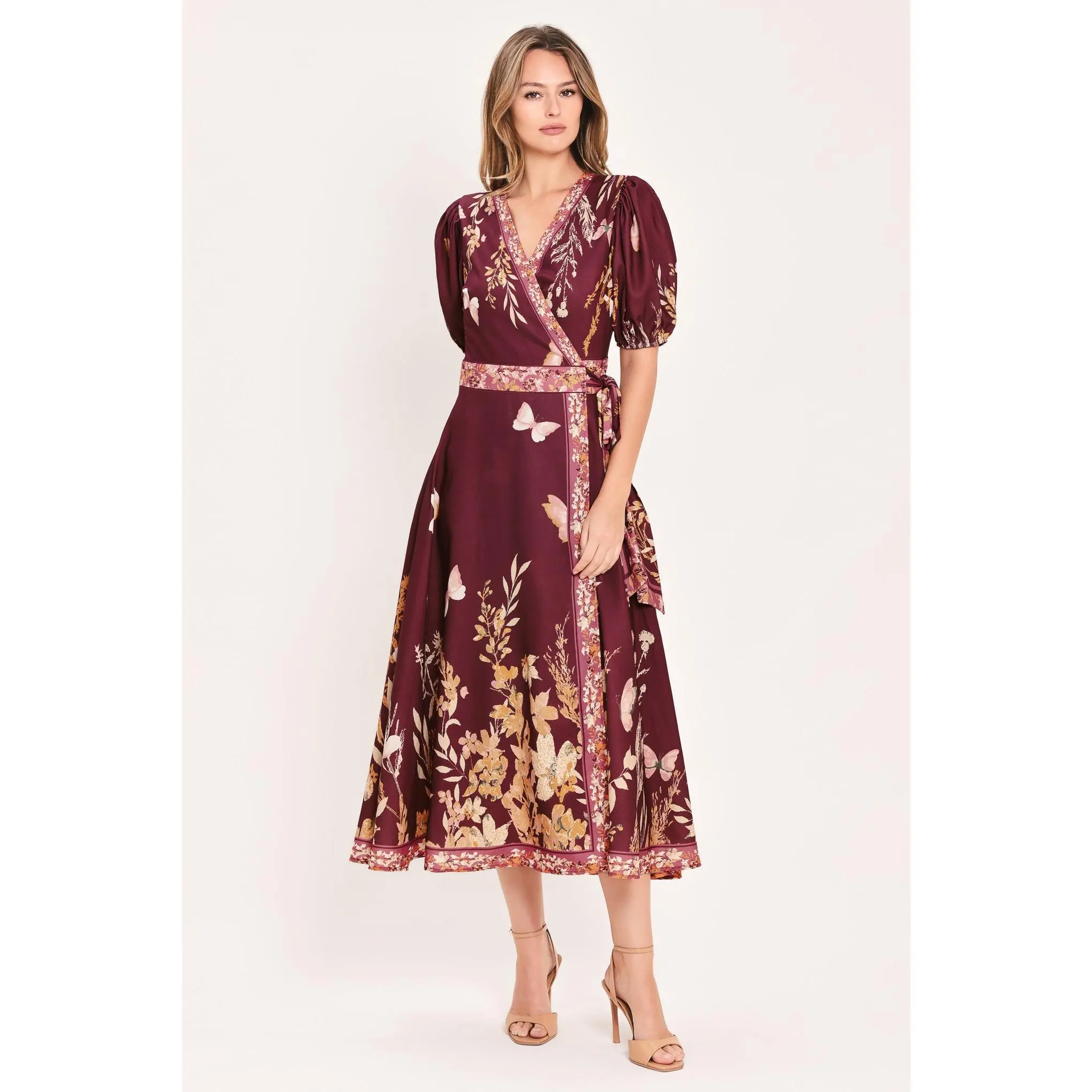 PLUM GARDEN ENCHANTMENT LINED WOVEN MIDI DRESS