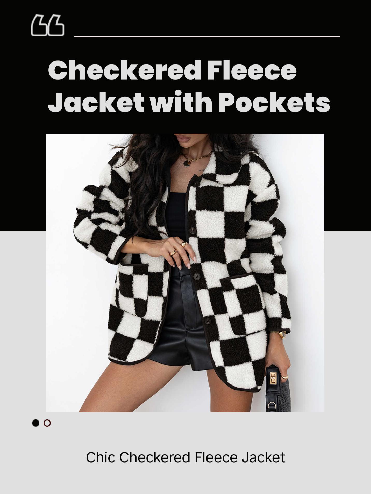 Cali Chic Women Jackets Black Checkered Side Pockets Collared Buttoned Fleece  Coats Womenswear Outerwear