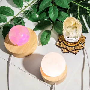 Wooden Lighted Spheres Holders 2 Pcs Set - Big Round 3.1" & Small Round 2.3" Lotus Shape USB Chargeable for Sphere Balls