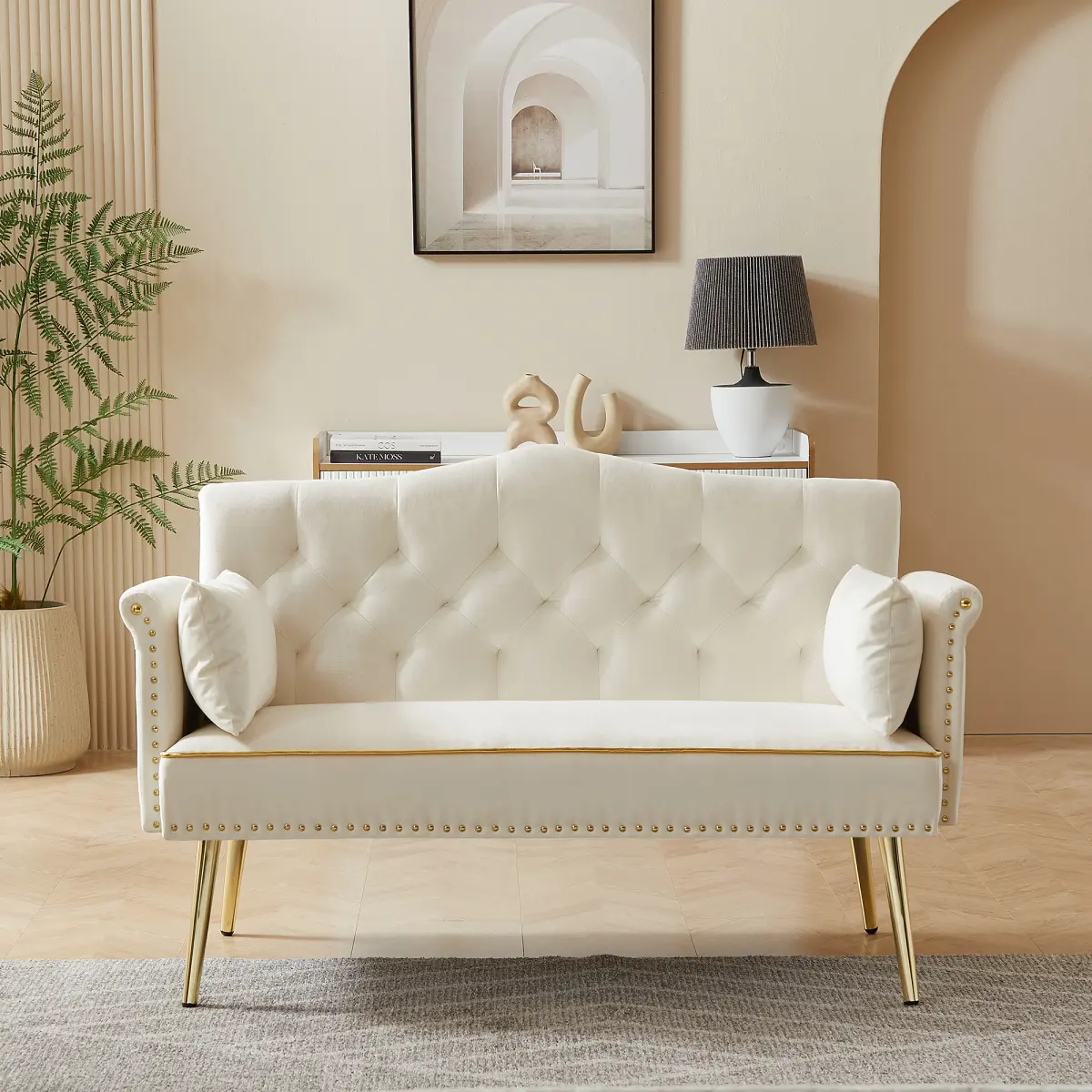 55-Inch Modern Upholstered Loveseat Sofa Couch, Velvet Fabric with Gold Metal Legs, Side Pockets, Tufted Backrest, Ideal for Living Room, Bedroom (Cream White), Modern Upholstered Sofas