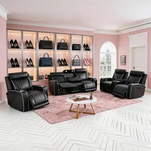 Luxury Sofa Black Breathable Leather 3-Piece Living Room Functional Sofa Set LED Recliner furniture