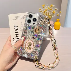 Trendy Princess Crystal Bling Phone Case with Pink Hand Bag Strap– Stylish Rhinestone Protective Cover for Latest 16, 16 Plus, 15, 14, 13, 12, 11 Pro Max Smartphones