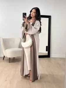 z170mise（1-Piece Light Beige & Taupe Color-Block Open Abaya, Casual Modest Muslim Kimono Outerwear）
