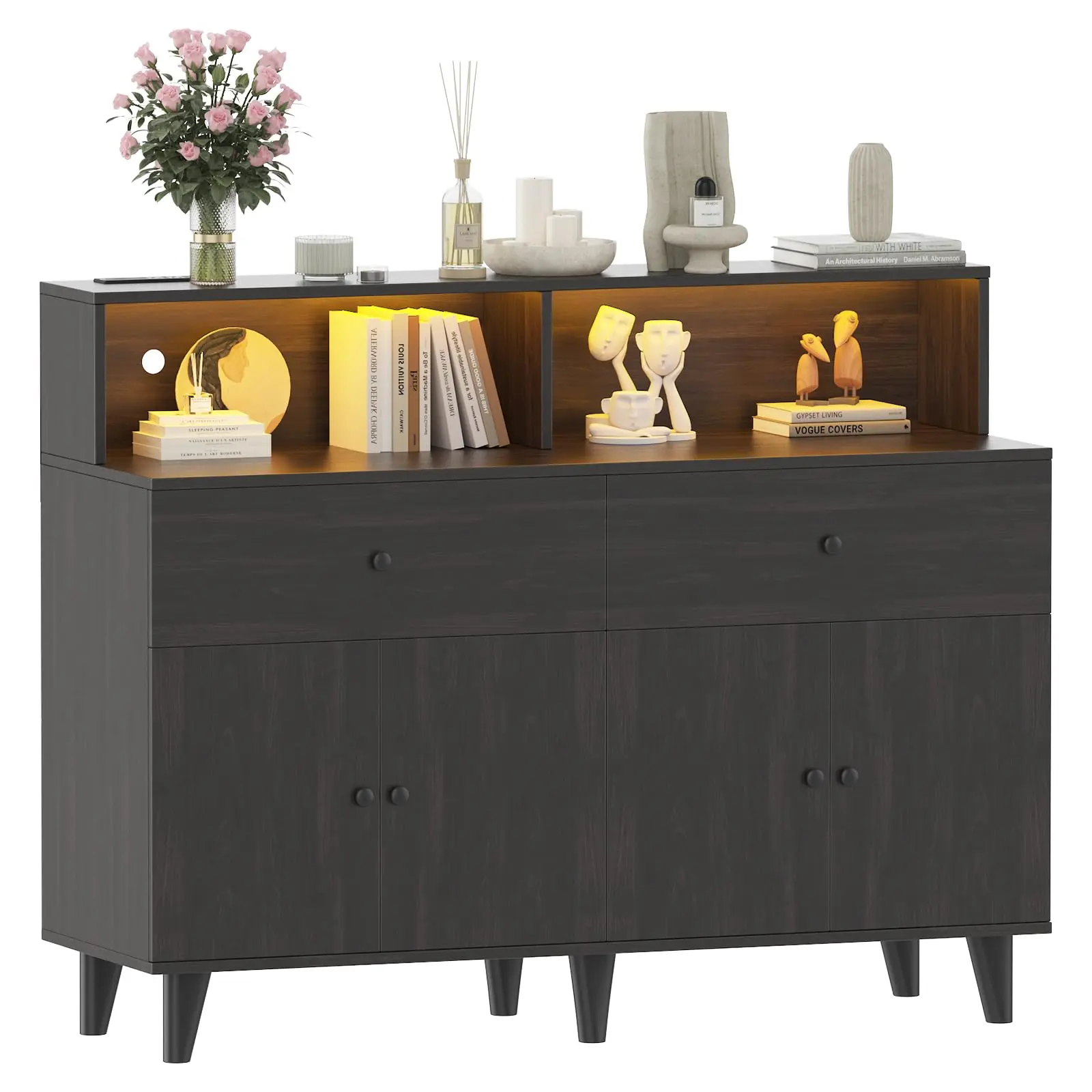 Modern Black Walnut Freestanding Kitchen Pantry-Coffee Bar Cabinet with Built-in Power Outlets, Customizable RGB LED Lighting, Adjustable Shelves, Drawers, Storage Hutch - Anti-tip Wall Device, Assembly Required, for Dining, Living Room
