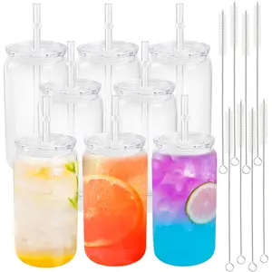 8pcs, 16 oz transparent single-wall plastic travel cups (includes straw, straw brush, and lid), portable, DIY, easy to clean, reusable juice bottles, coffee cups, camping cups—suitable for gifting, parties, everyday use, office, birthdays, Easter, Va kids