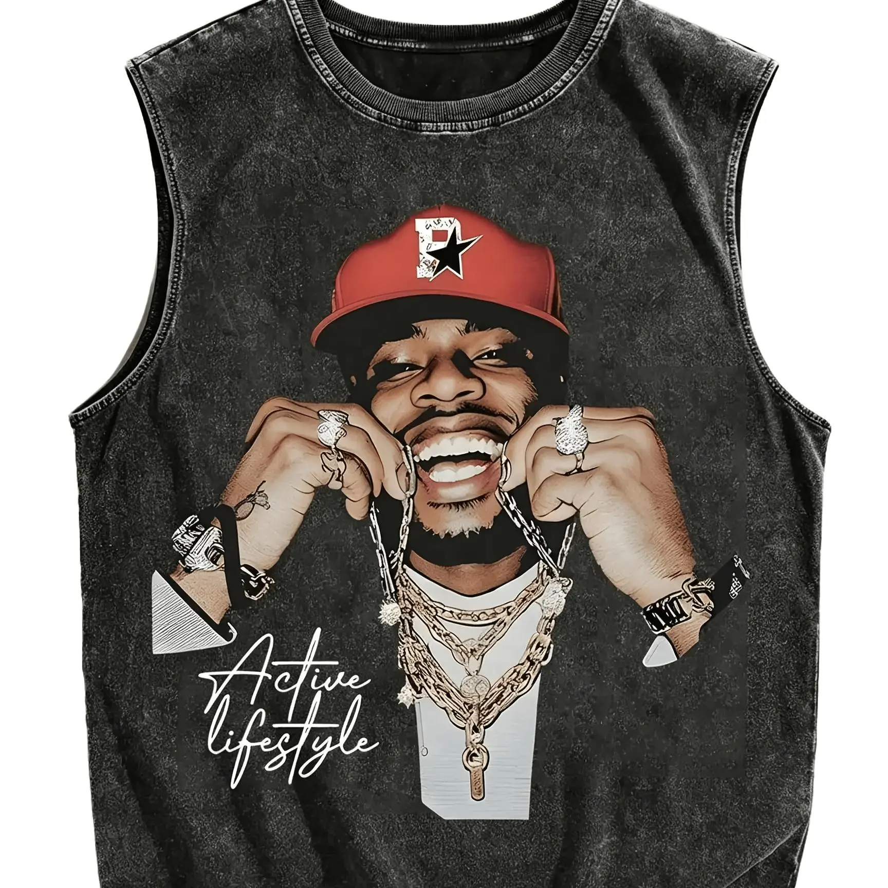 Vintage Acid Washed Black Sleeveless Tank Top, Red Star Cap Hip Hop Rapper Portrait Full Front Graphic Print, 90s Hip Hop Streetwear Vest