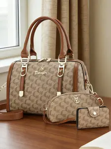 Women's Boston Handbag Set, High-Quality PU Leather, Geometric Pattern, Casual Style, Shoulder Crossbody, Commuter Date Shopping Bag